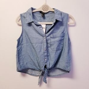 Chambray blue crop tie Boho collard shirt demin